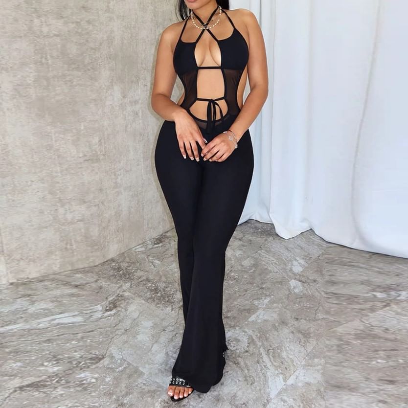 BrickBlack - Halter Jumpsuit met Uitgesneden Halterprint en Uitlopende Mouwen