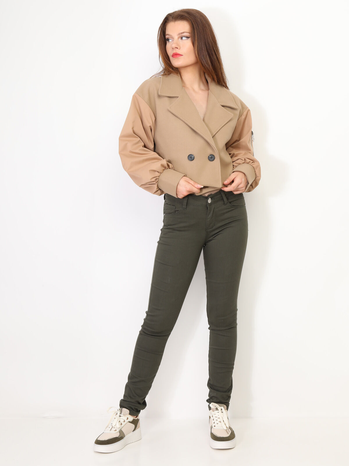 Veste courte croisée bi-matière- Camel