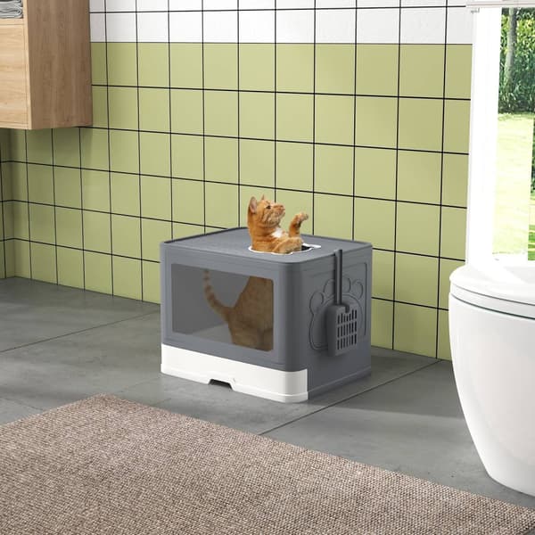 Kattesandboks Med Lokk Og Øse For Inntil 4 Kg, Innendørs, Plast, Grå, 48,5X38X36,5 Cm