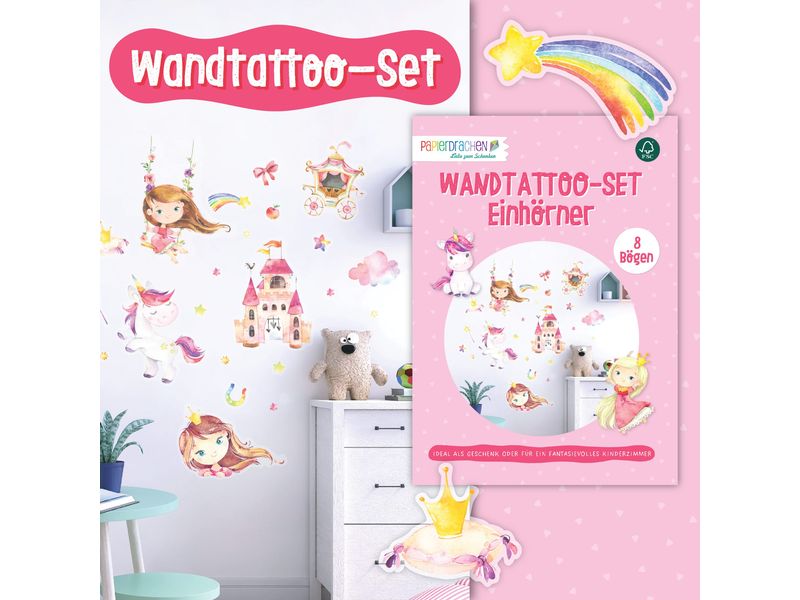 Papierdrachen Wandtattoo-Set Einhorn Wandsticker für Kinder