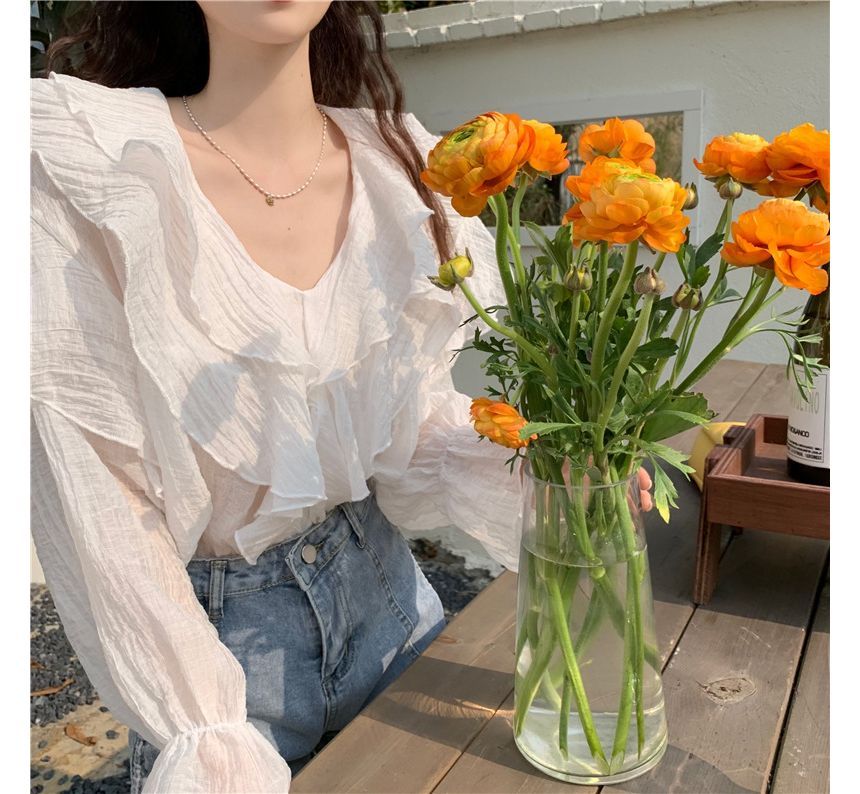 Onipixiy - Blouse met lange mouwen, V-hals en ruches
