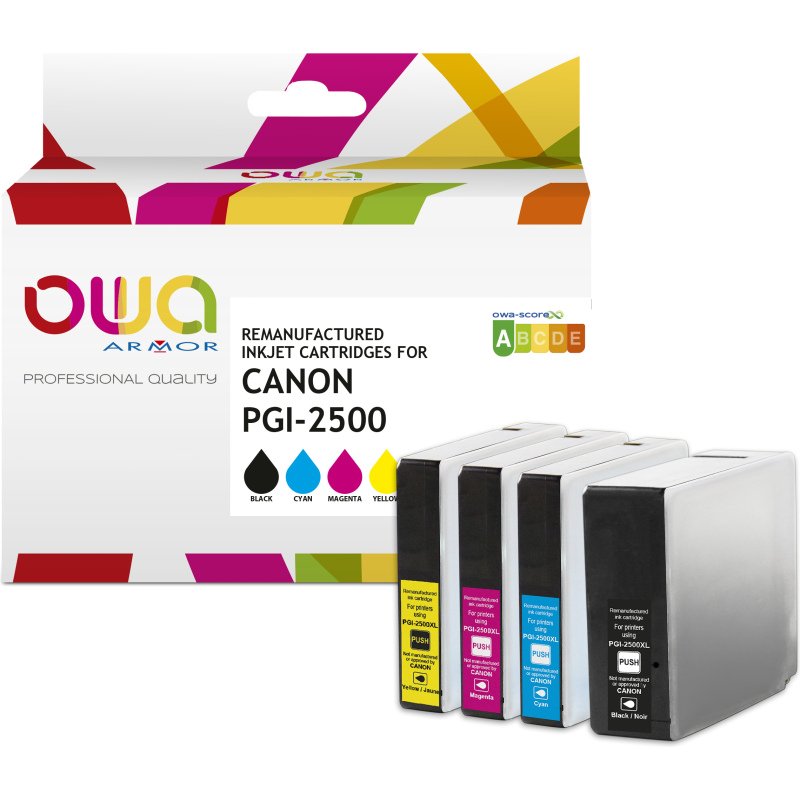 Pack de 4 cartouches OWA compatible Canon PGI2500 Noir Cyan Magenta Jaune pour imprimante jet d'encre