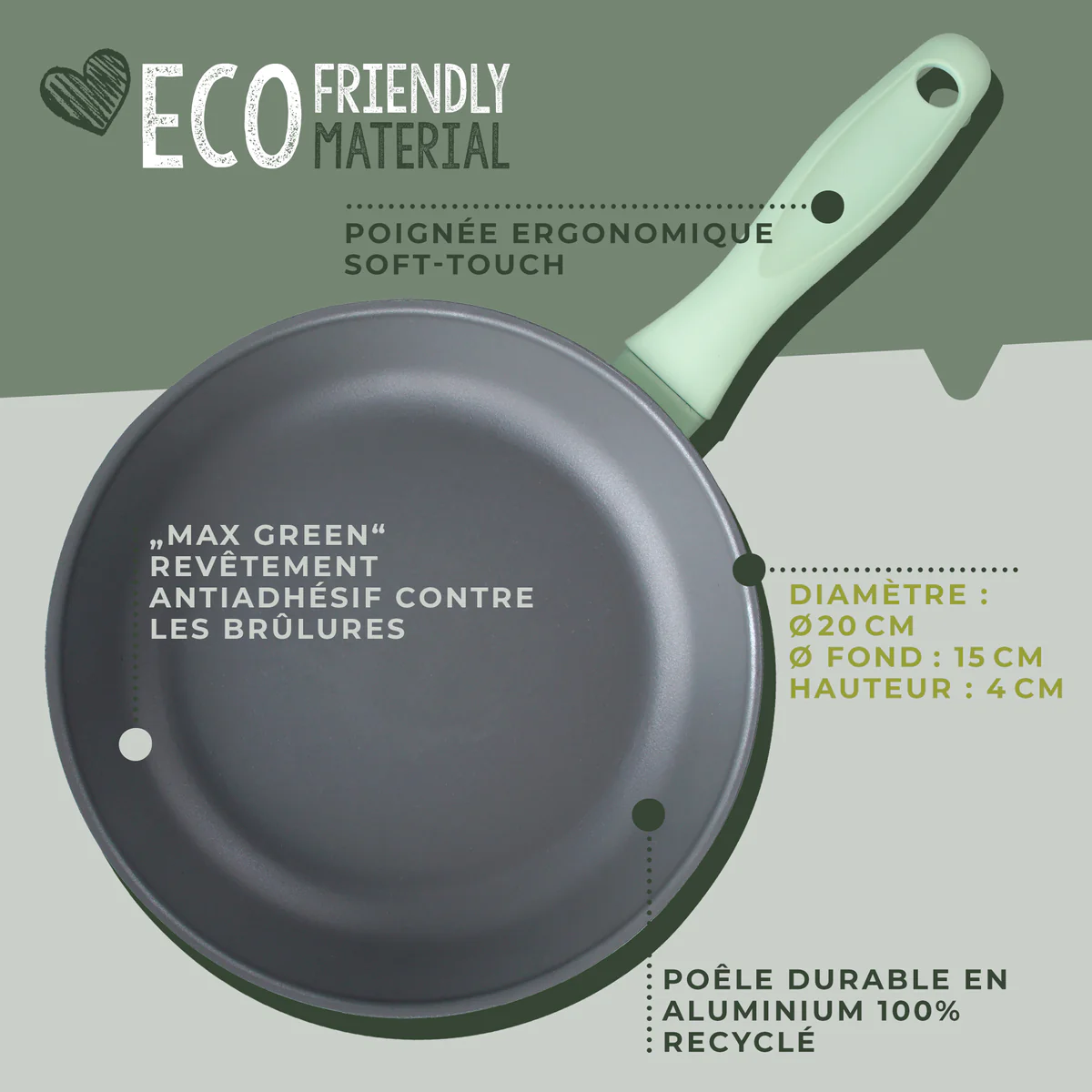 Poêle à frire et couvercle de cuisson de 20 cm de diamètre Ecolution F