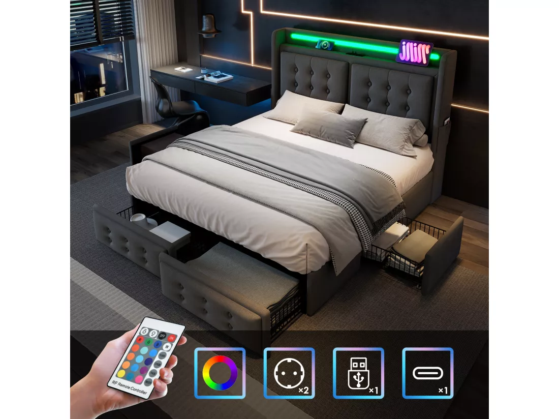 Lit adulte 180x200cm en tissu lin - avec LED et Ports de recharge - 4 tiroirs - Gris