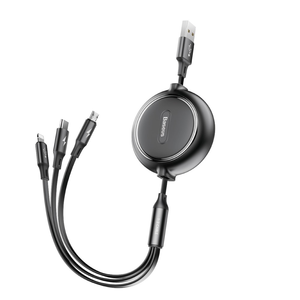 (1.2m) 3.5A 3in1 USB A auf USB C / Lightning / Micro USB Ladekabel Ausziehbares Datenkabel Golden Loop - Schwarz