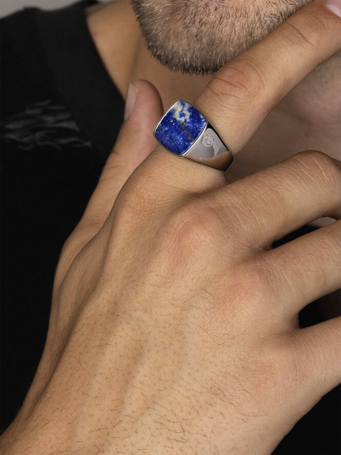 Nialaya Men's Silver Signet Ring with Blue Lapis Silver