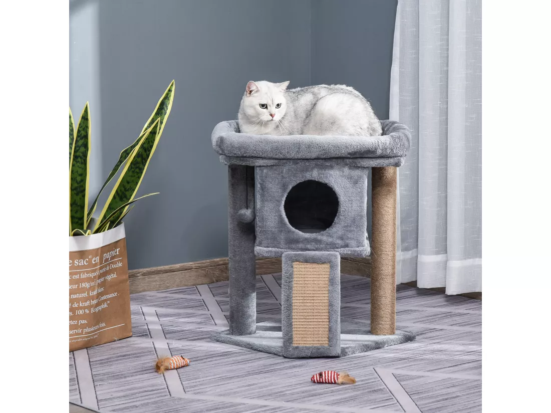 Arbre à chat grattoir griffoir niche panier d'observation boule peluche gris
