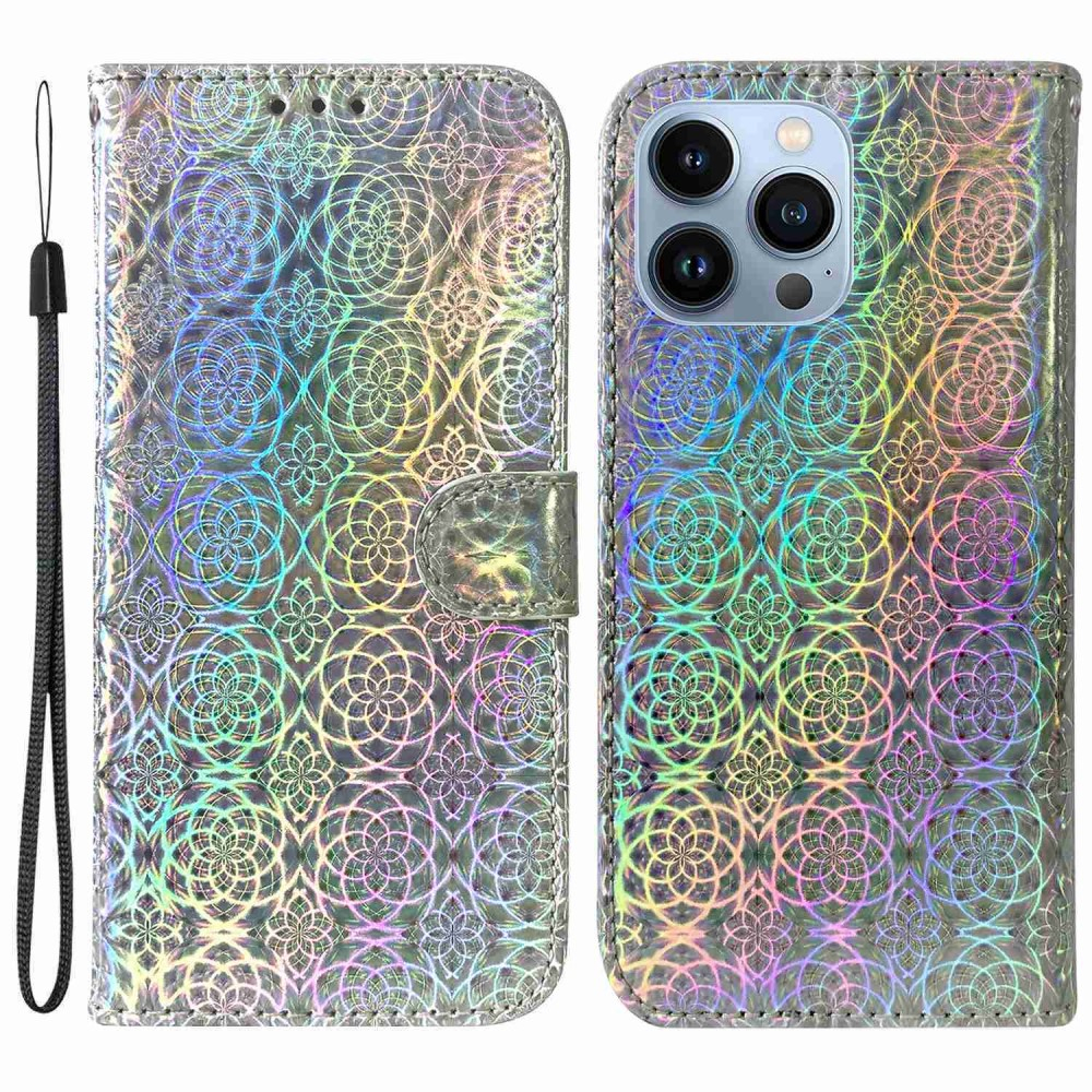 iPhone 14 Pro Leder Tasche Wallet mit Flower Laser Hologramm - Silber