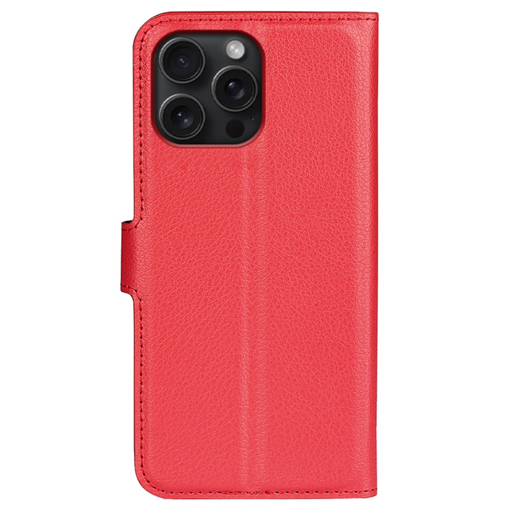 iPhone 16 Pro Leder Tasche Flip Cover Litchi Look - Rot