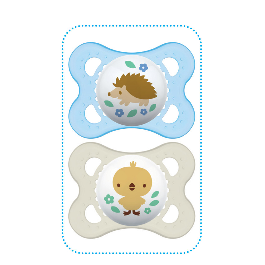 Lot de 2 sucettes silicone décor animaux 0-6 m avec boîte - Couleur aléatoire