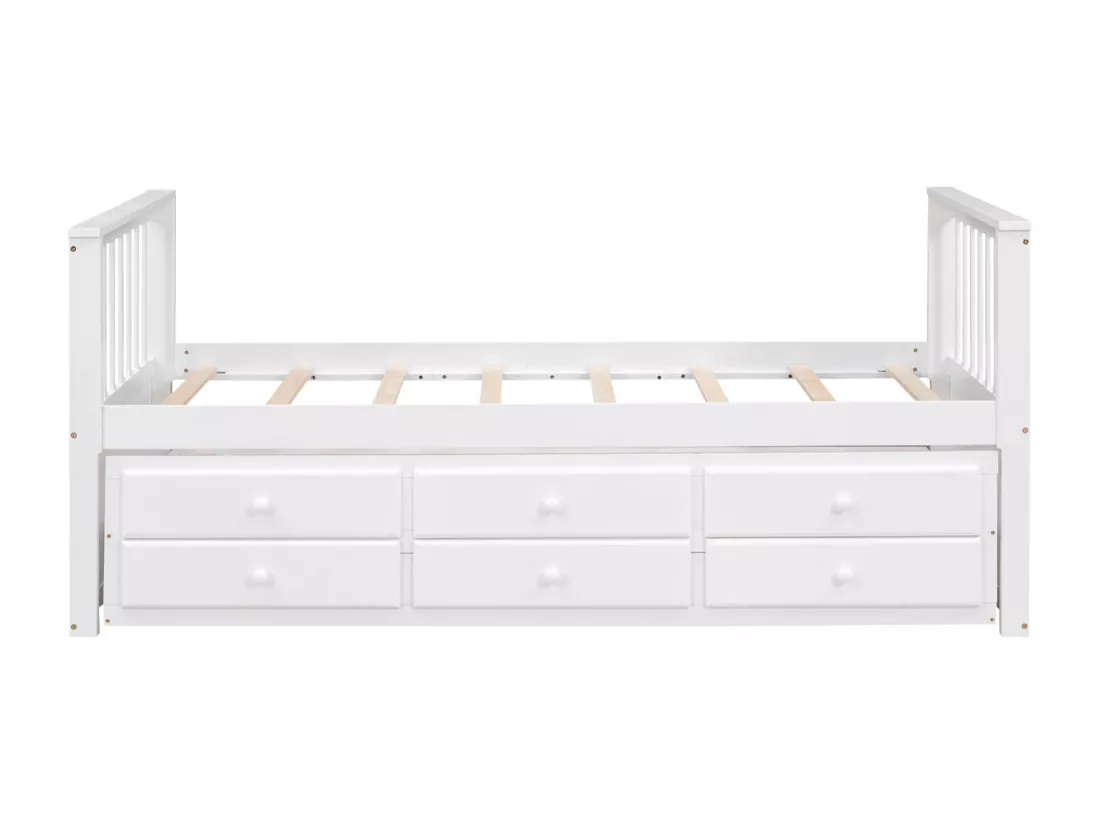 Lit gigogne 90x200cm+90x190cm, lit d'enfant Lit de jour en bois massif et MDF, avec 3 tiroirs, blanc