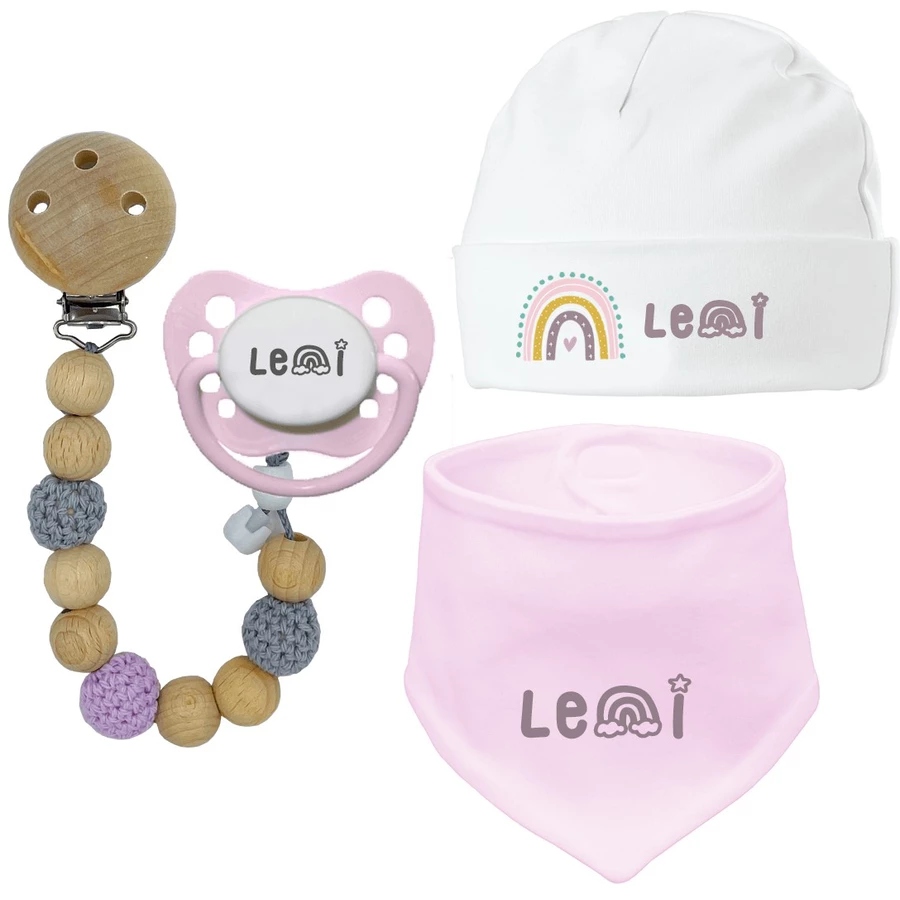 Schnullireich Geschenkset mit Namen zur Geburt Rose Rainbow 4-Tlg. Rosa