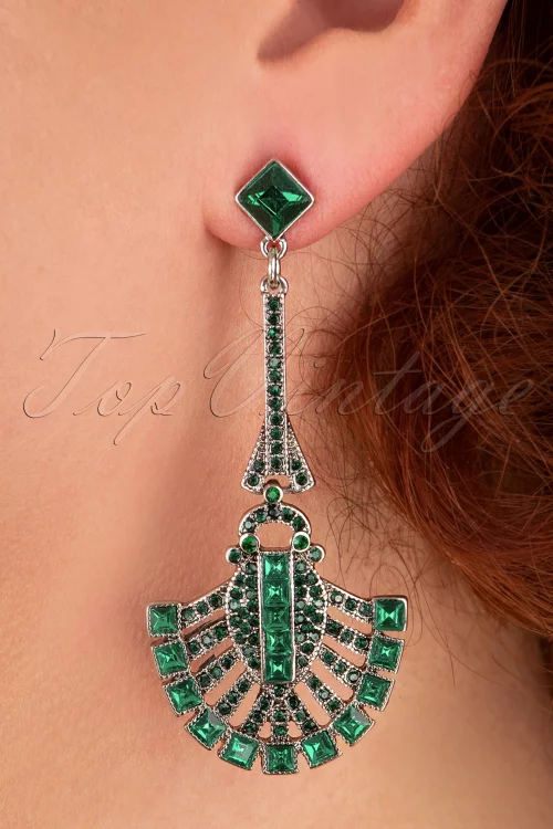Lovely Art Deco oorbellen in smaragd en zilver