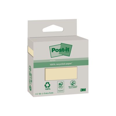 Post-it - 2 Blocs-notes recyclées - 76 x 76 mm - jaune canari - 200 feuilles (2 x 100)