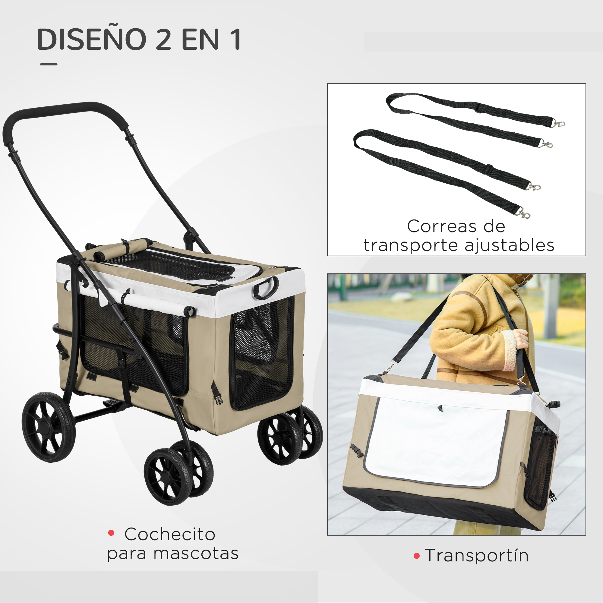 Carrinho para cães PawHut, dobrável, com vagão destacável, 4 portas com zíper, 2 cintos de segurança, 2 alças de transporte e almofada, cor cáqui.