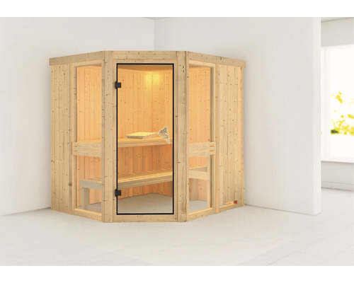 Elementsauna Karibu Omelia 1 zonder oven en dakkroon met gebronsde volledig glazen deur