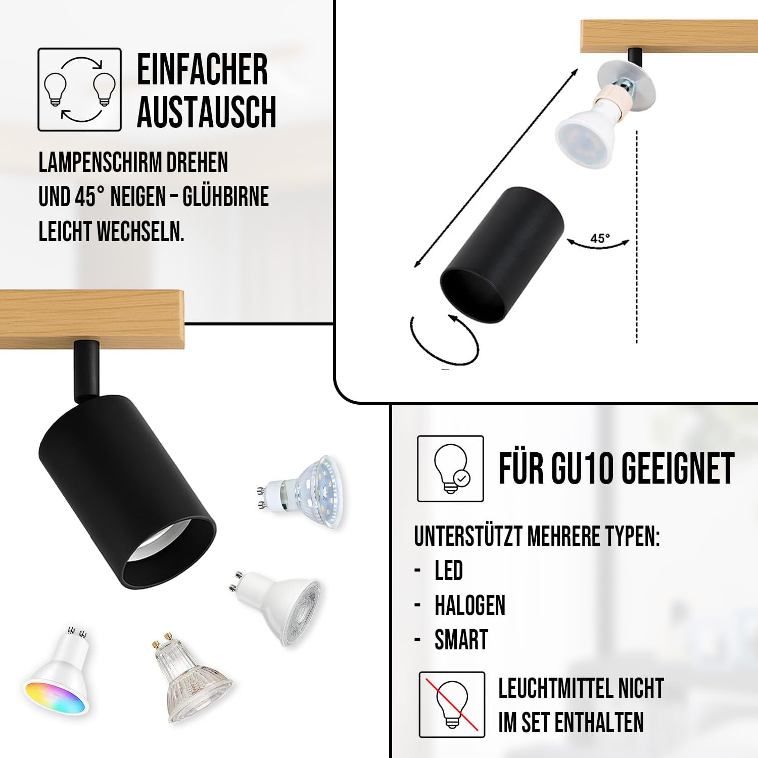 LED Wood Deckenstrahler 4 Flammig Schwenkbar - Handgefertigte Spots Deckenleuchte Modern aus Eiche - Strahler Deckenlampe Holz - GU10 Spotlight Lampe Wohnzimmer (Ohne Glühbirne) - Länge 90cm