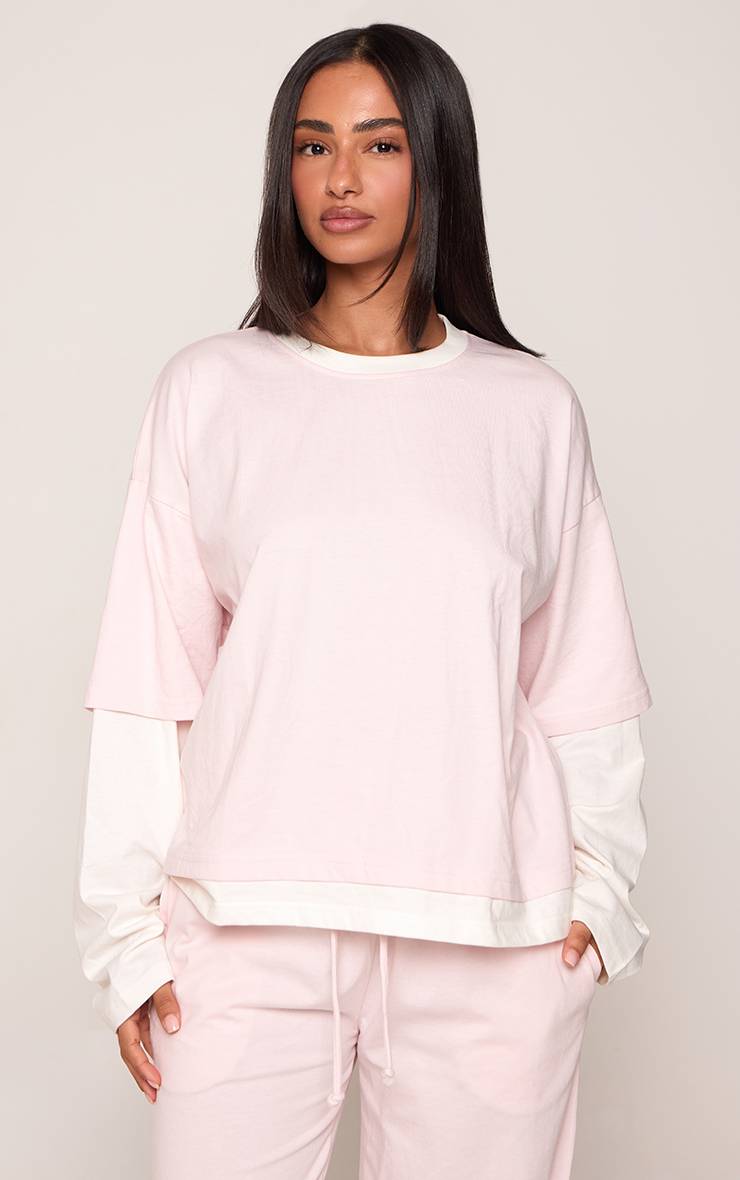 Rose Bébé T-shirt Boxy À Manches Longues Contrastées Petite