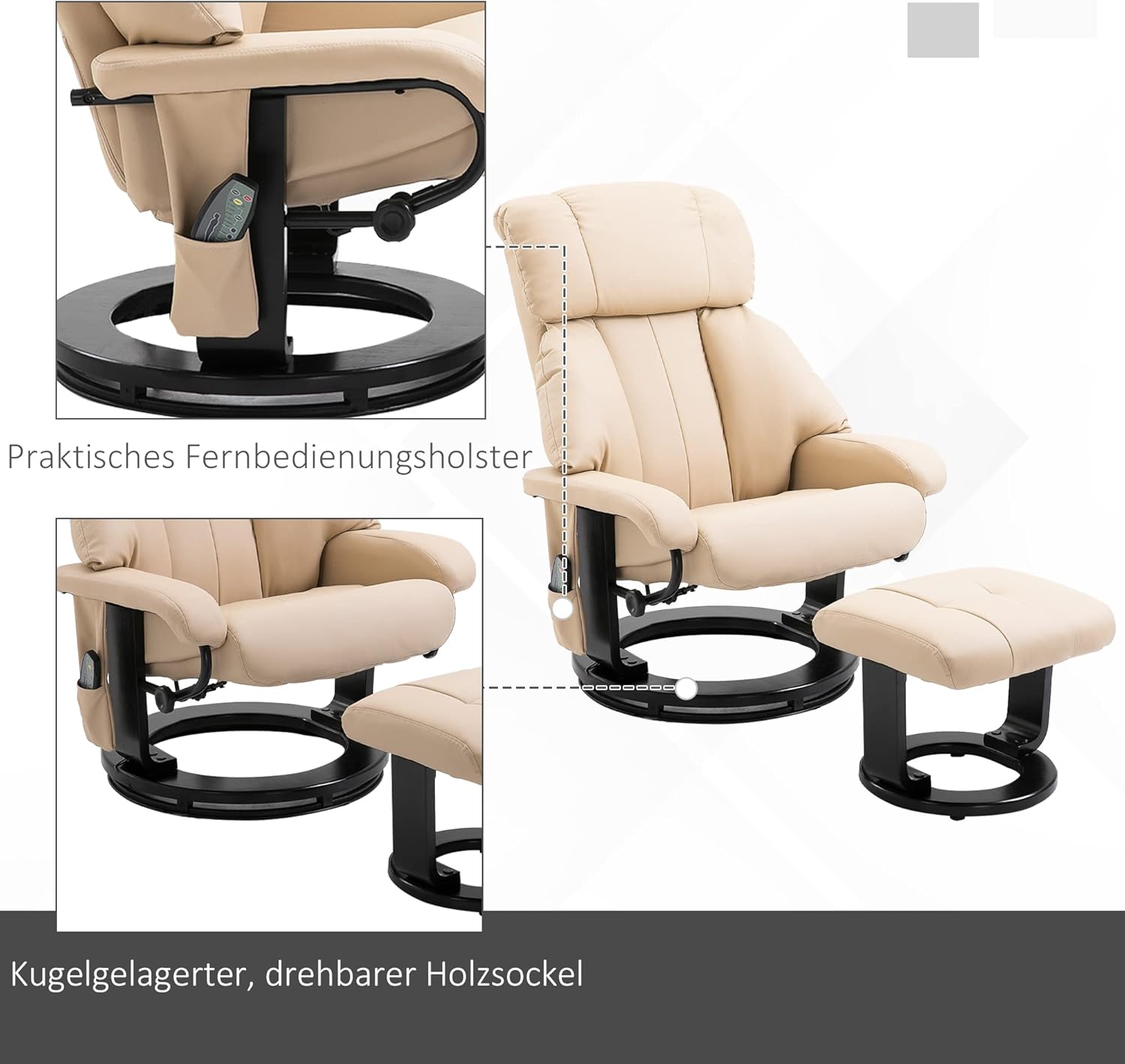 HOMCOM Relaxsessel mit Hocker, drehbarer Fernsehsessel mit Massagefunktion, Liegefunktion, Massagesessel mit Fernbedienung, Seitentasche, Ruhesessel aus Kunstleder für Wohnzimmer Cremeweiß