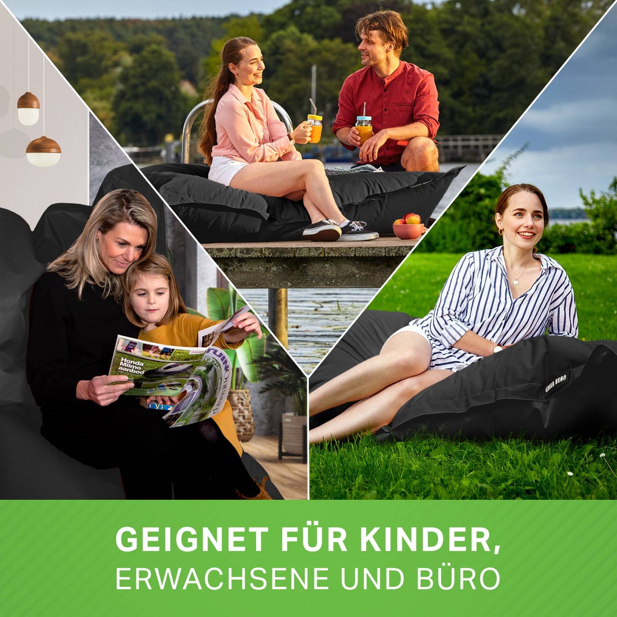 Green Bean Zitzak 120x160cm 270 liter Kinderen & Volwassenen Zitzak EPS-korrelvulling Grote Zitzak Grote Buitenligstoel Kussen Wasbaar Weerbestendig Ligstoel Zitkussen Vloerkussen Zwart