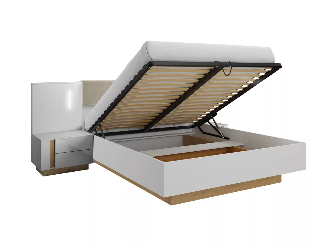 Lit coffre avec chevets 160 x 200 cm - Avec LEDs - Blanc et naturel - MURARI