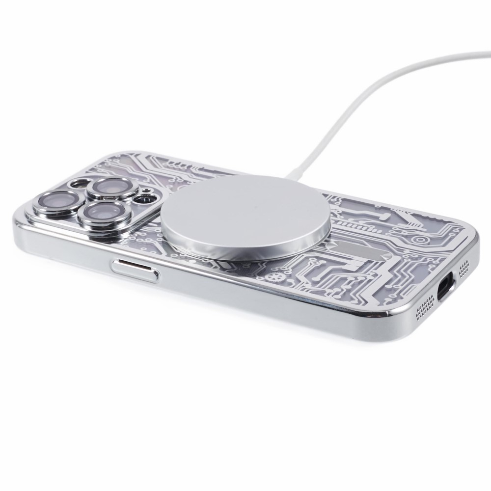 iPhone 15 Pro Max MagSafe Gummi Case Hülle Galvanisierter Rahmen im Mechanischen Zahnrad Design   Kameraglasschutz - Silber