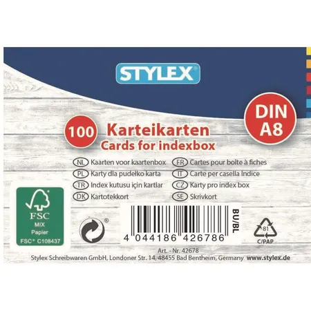 Stylex Karteikarten DIN A8 weiß, 100 Stück, liniert, 52 x 74 mm