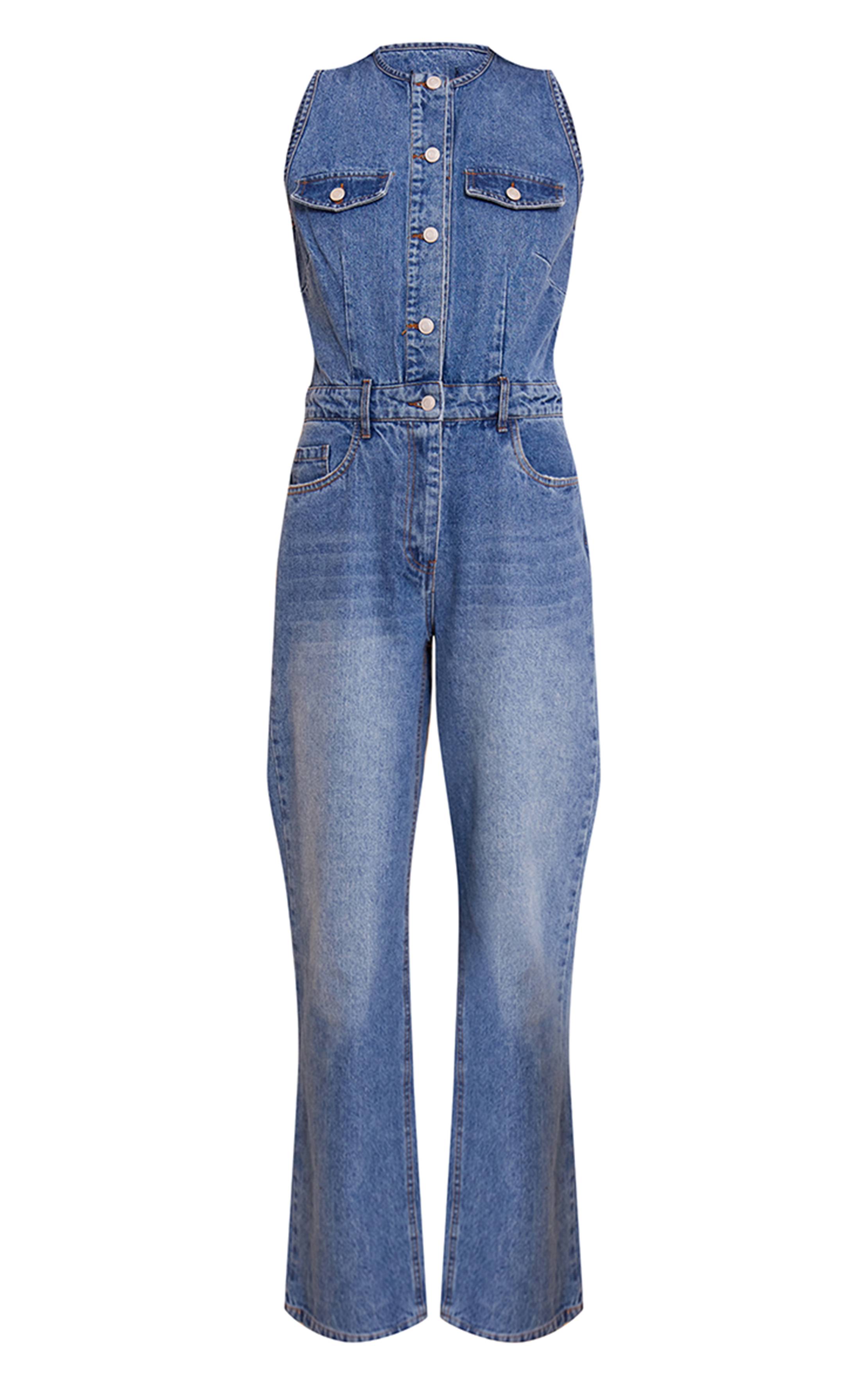 Mid Blue Wash Combinaison En Denim Écru Style Chemise Sans Manches