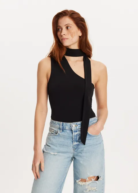 One shoulder top met sjaal zwart (ZWART)