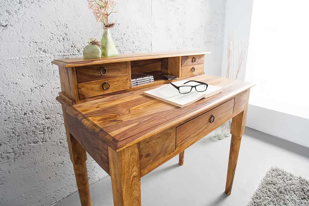 Design Sekretär HEMINGWAY M 90cm braun Sheesham Massivholz stone finish Schreibtisch