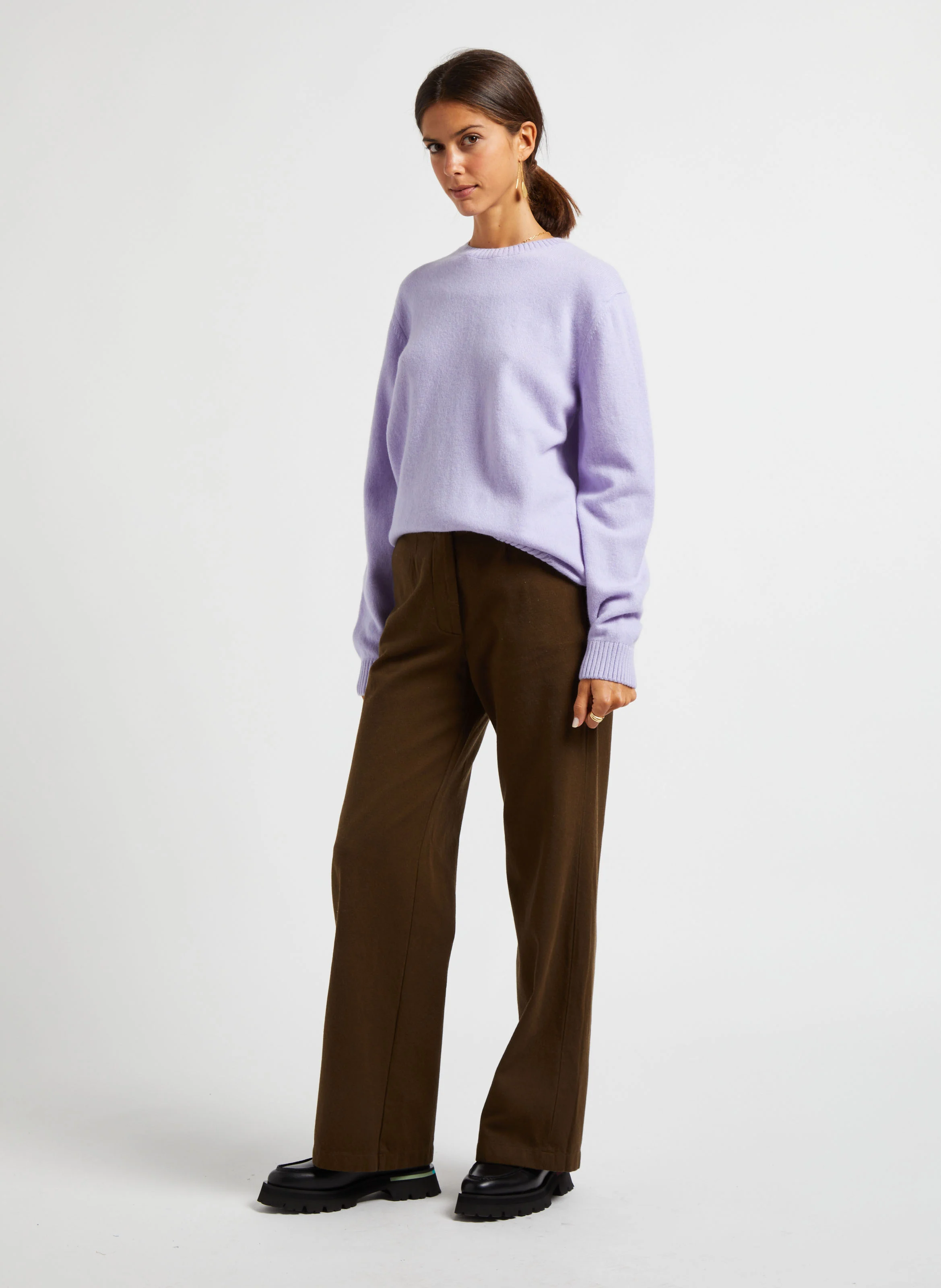 Pantalon large en laine et coton| Vert