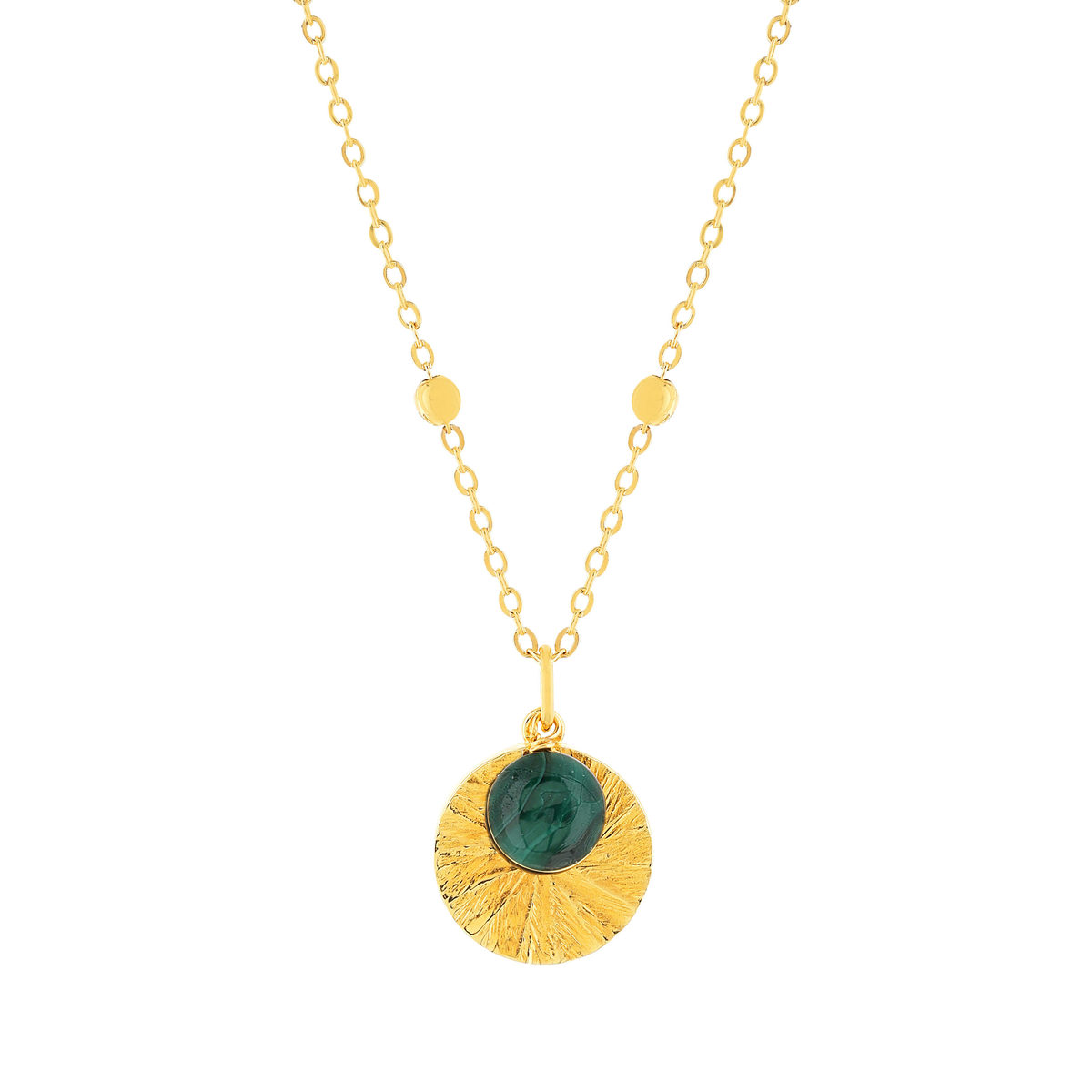 Collier plaqué or médaille ciselée et pampille malachite 48 cm