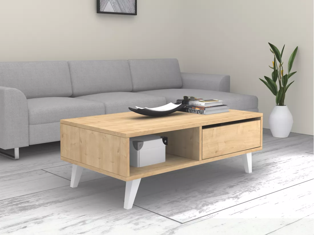 Table basse avec 1 portes et 2 niches - Naturel et blanc - SOLAMIA