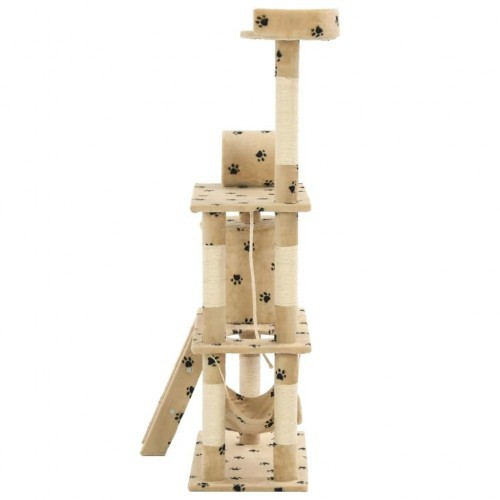 Arranhador bege para gatos com estampa de sisal e pegadas.