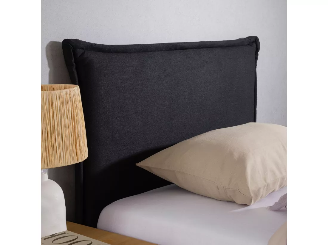 Tête de lit NERINA 90 rembourrée, En tissu polyester pour lit 90 cm, Sur pieds en bois, Noir