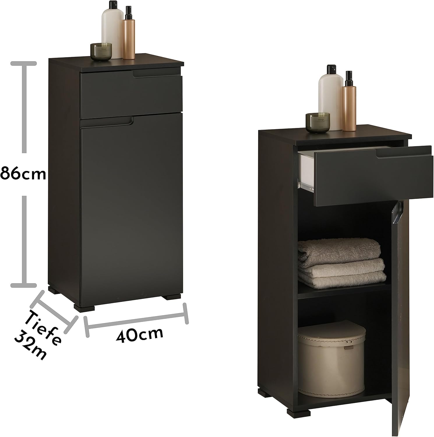 SPICE Badezimmer Kommode mit Schublade in Schwarz matt - Badezimmerschank Bad Schrank mit viel Stauraum - 40 x 85,5 x 32 cm (B/H/T)