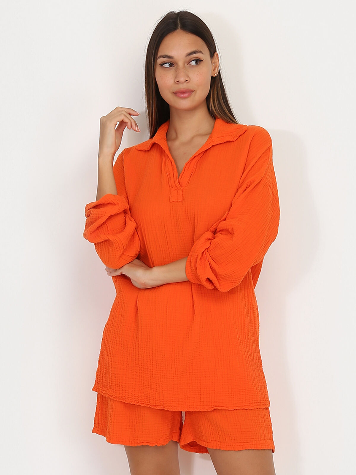 Ensemble blouse et short texturés- orange