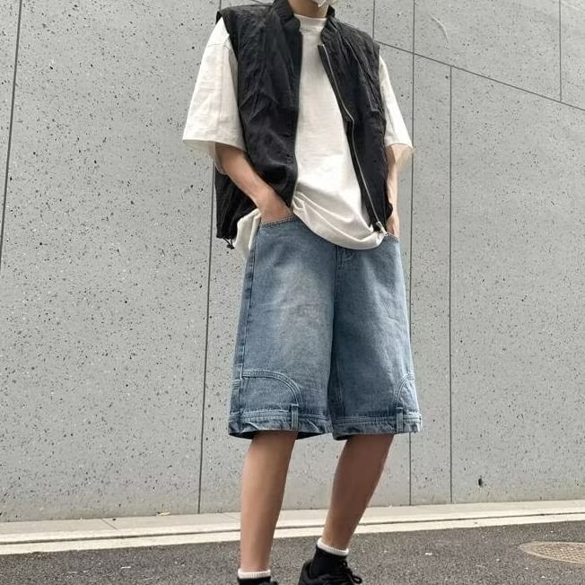 Cowpow - Mid Rise Washed Panel Denim Shorts