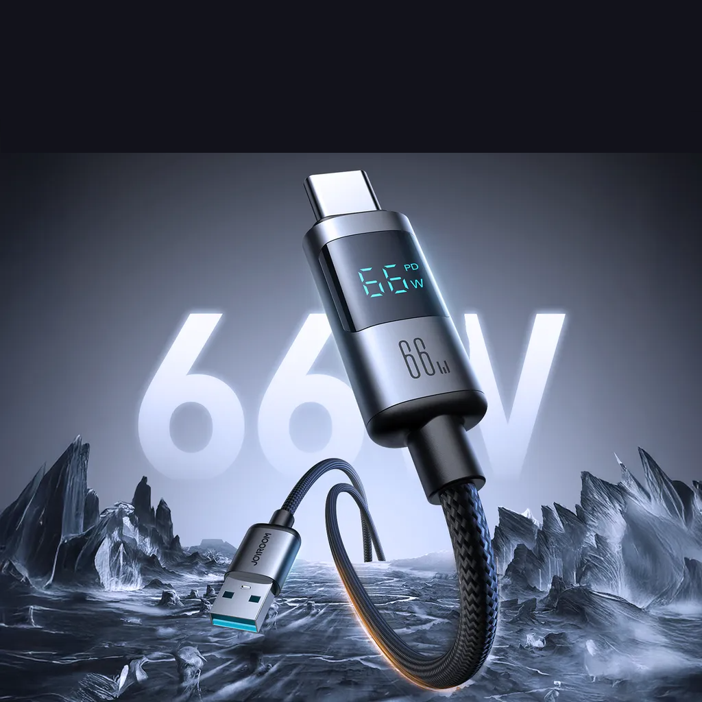 (1.2m) 66W USB A auf USB C Nylon Ladekabel Fast Charging PD Datenkabel mit Spannungs Anzeige - Schwarz