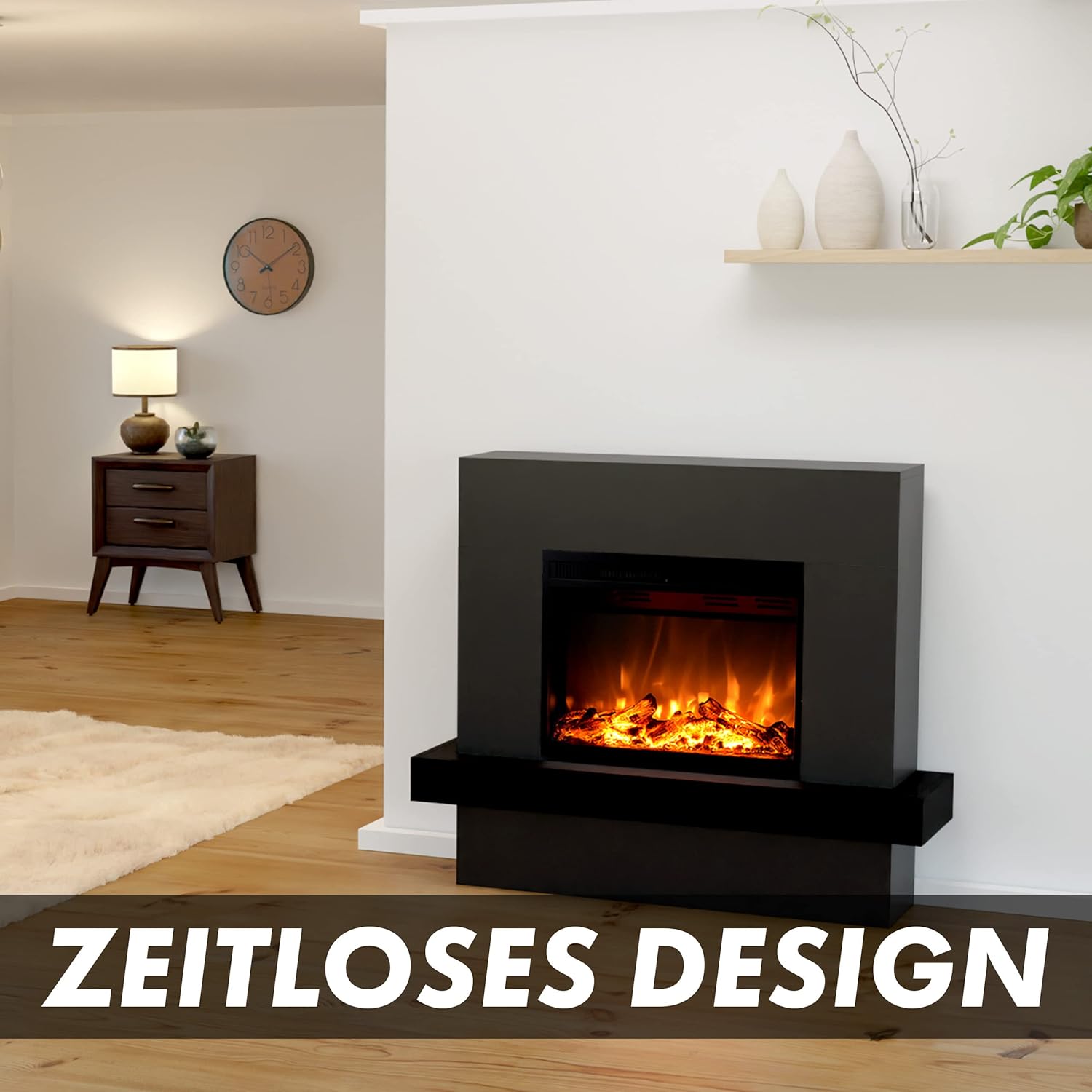 GLOW FIRE Elektrokamin mit Heizung und Kaminfeuer (Standkamin Pandora) - elektrischer Kamin mit LED-Feuer in 3 Farben, Heizlüfter, Holz-Deko & Fernbedienung, 114x97x32 cm, Grau