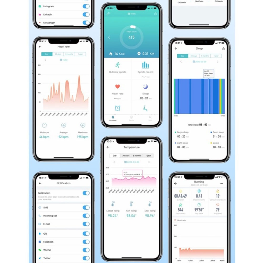Spritzwasserfester Fitness Tracker Smart Watch mit Herzfrequenz- / Körpertemperaturmessung und 1.3