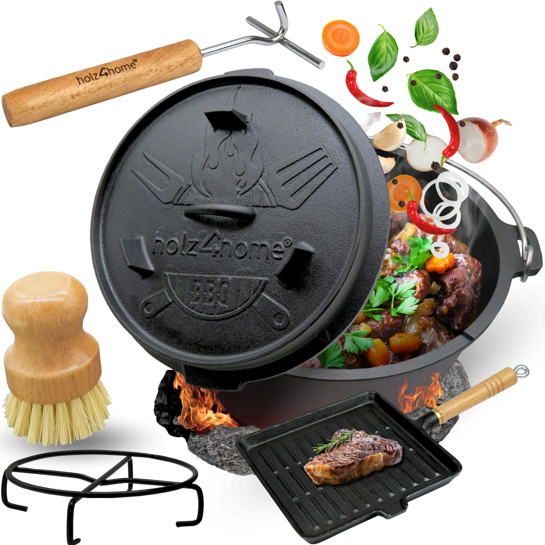 holz4home® Dutch Oven Set 6-teilig I eingebrannter Feuertopf 9L aus Gusseisen I inkl. Pfanne, Topfständer, Deckelheber und Reinigungsbürste