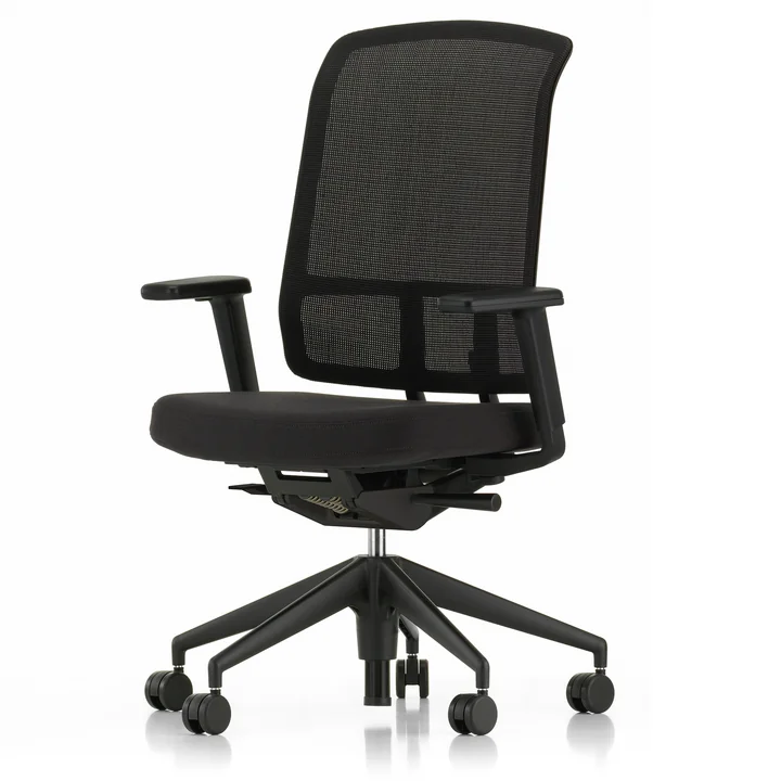 Vitra - AM Chair, Rücken schwarz, Sitz F30 Plano nero, Fünfstern-Untergestell Kunststoff schwarz, mit 2D Armlehnen, Rollen für Teppichboden