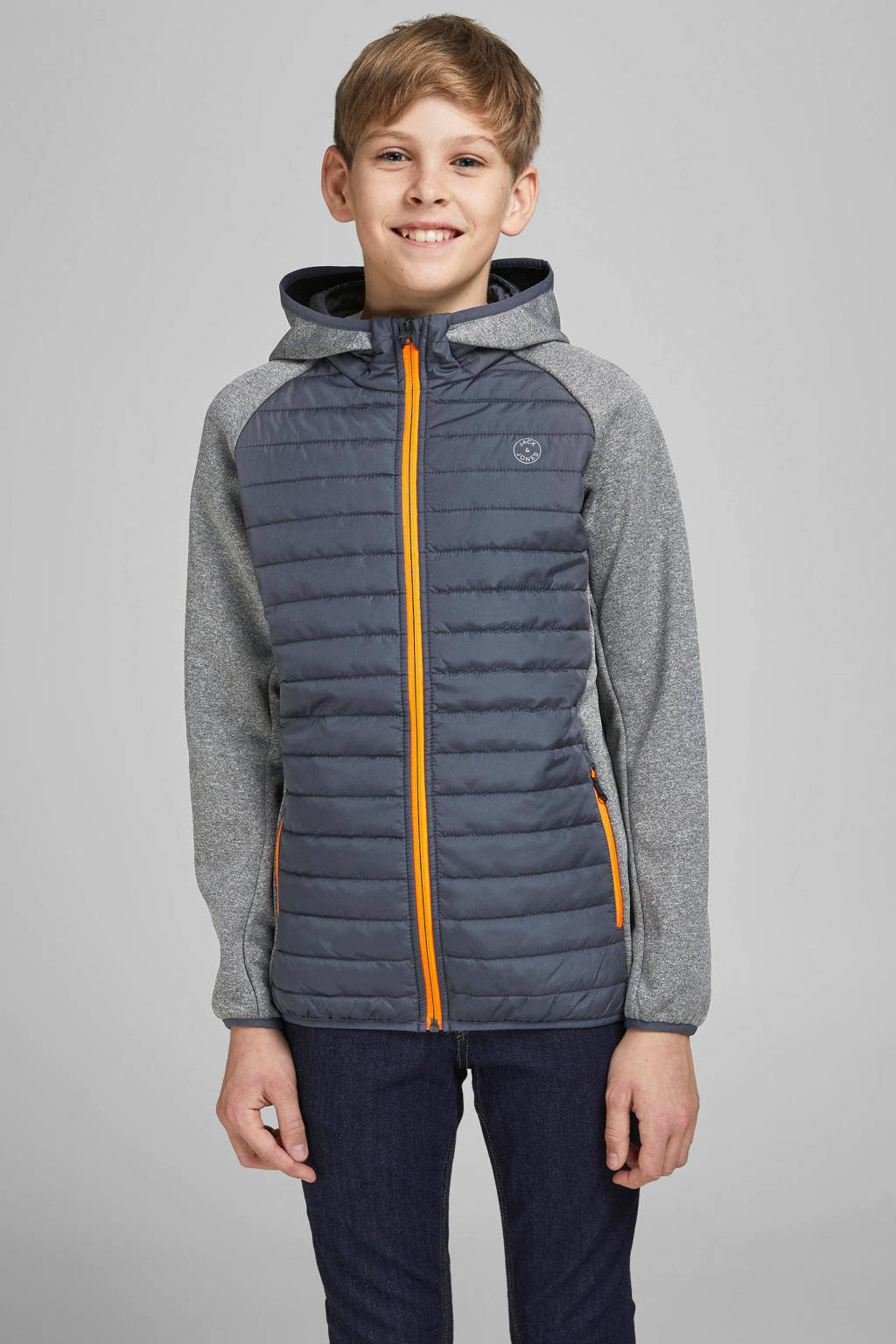 JACK & JONES gewatteerde tussenjas JJEMULTI grijs melange/donkerblauw/oranje
