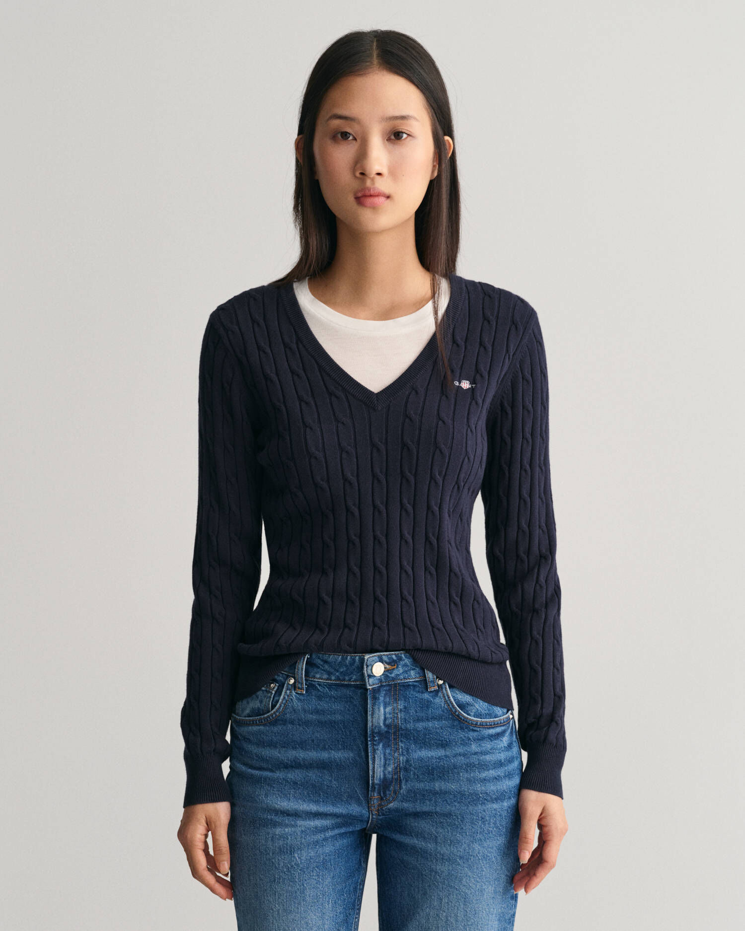 Gant| Damen Strickpullover STRETCH COTTON CABLE V-NECK