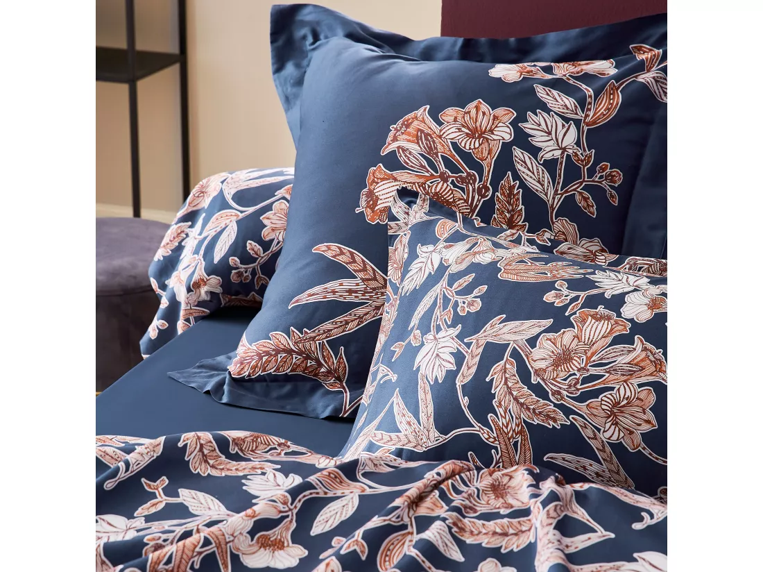 Housse de couette 240x220 cm satin de coton BOTANIC bleu Nuit
