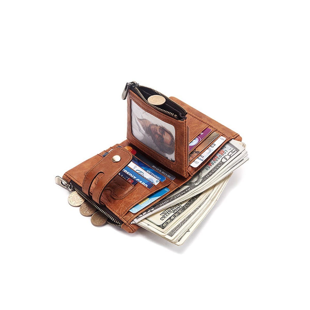 Tri-fold RFID lommebok med 2 myntlommer Brun