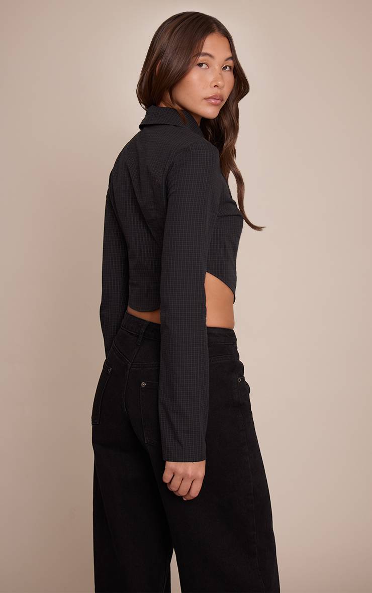 Bleu Foncé Chemise Courte À Carreaux Avec Détail Nœud