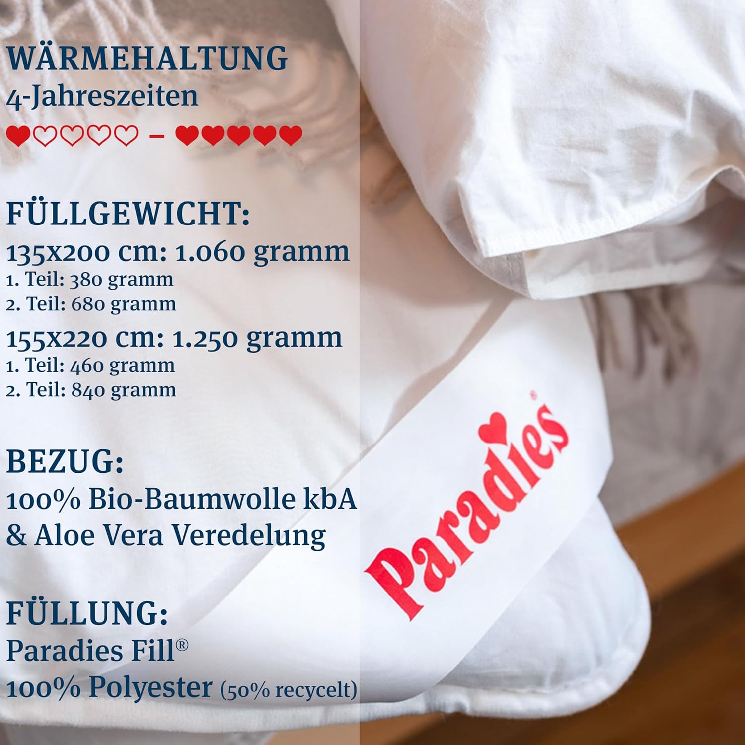 PARADIES 4 Jahreszeiten Bettdecke 135x200 cm - Prima Varietta Bio, Knöpfbare 4-Jahreszeitendecke 135 x 200