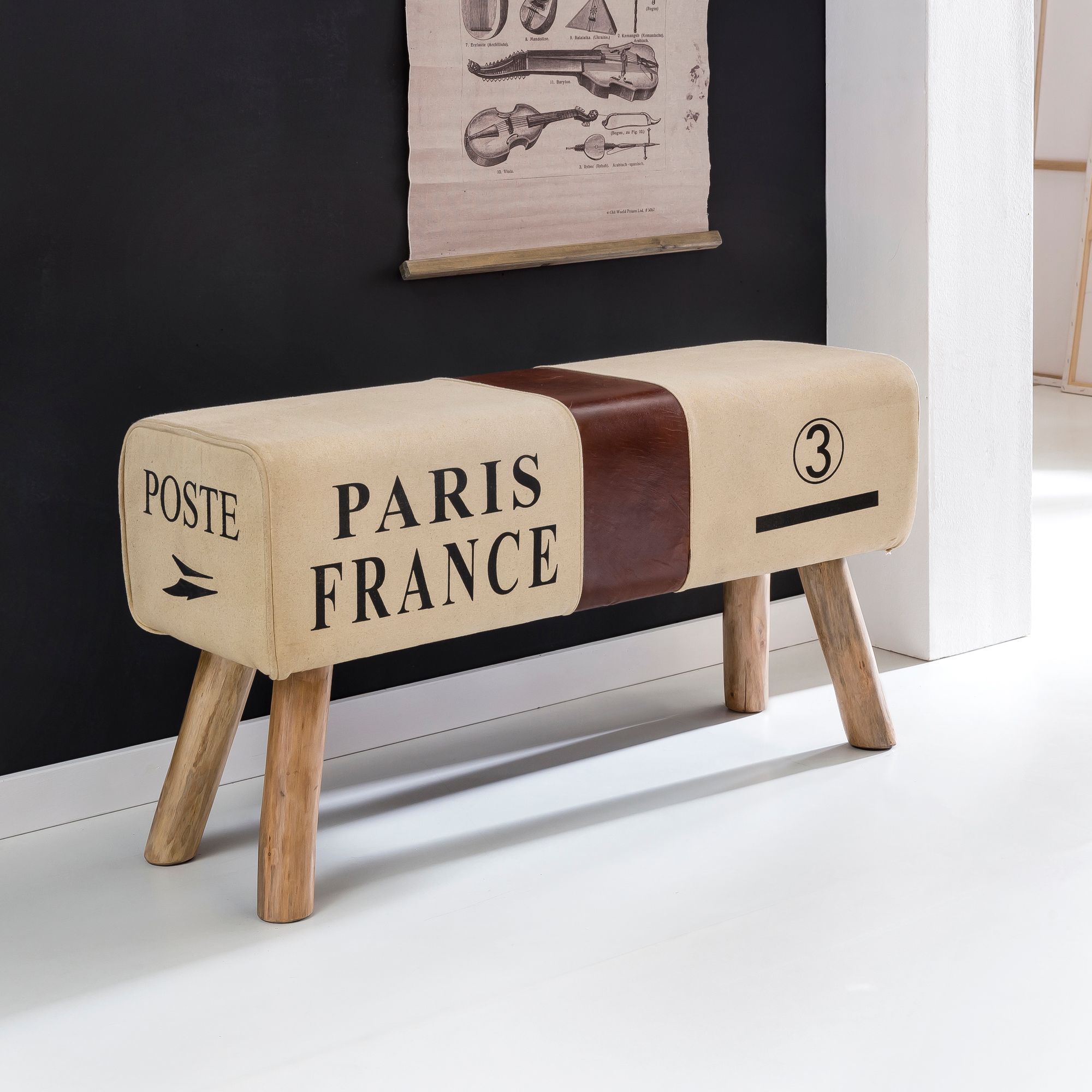 KADIMA DESIGN Retro Sitzbank Canzas, 91 cm, Stoff/Leder, Braun/Beige - Stabile Holzbeine & Bequem